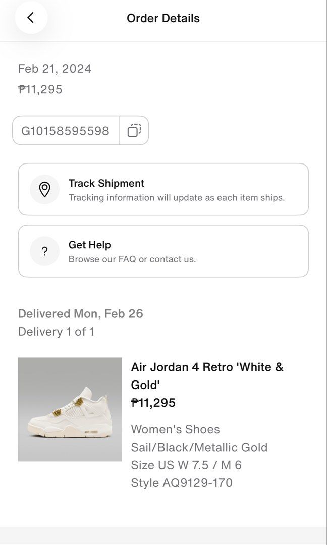 Air Jordan 4 Metallic Gold White (Category: Sneakers) located in Quezon City. Submitted by jajachandesu (Listing ID 1467108356, Image 3). Description: - Model: Air Jordan 4 Retro - Colorway: White with shiny gold eyelets - Condition: like new. Only worn twice. No original box. Bought from nike app upon release. RFS: Jordan shoes are not for me huhu Size: us 7.5 womens .
