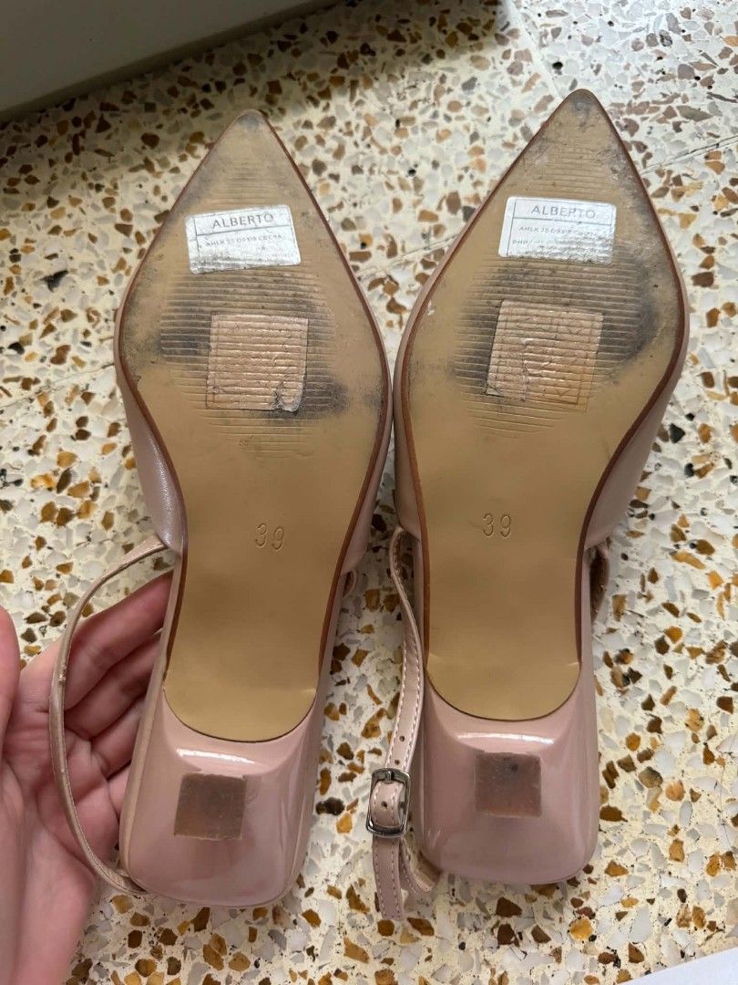 Alberto Heels Shoes (Category: Heels) located in San Juan City. Submitted by msmpatron (Listing ID 1467011566, Image 3). Description: - Brand: Alberto - Size: EU 39 - Color: Nude - Style: Slingback heels with pointed toe and low kitten heel - Feature: Eye-catching chunky crystal buckle on the front - Condition: Uppers are clean, soles show normal signs of previous use - Inclusions: Comes with original box original price:1599 Used once po with min