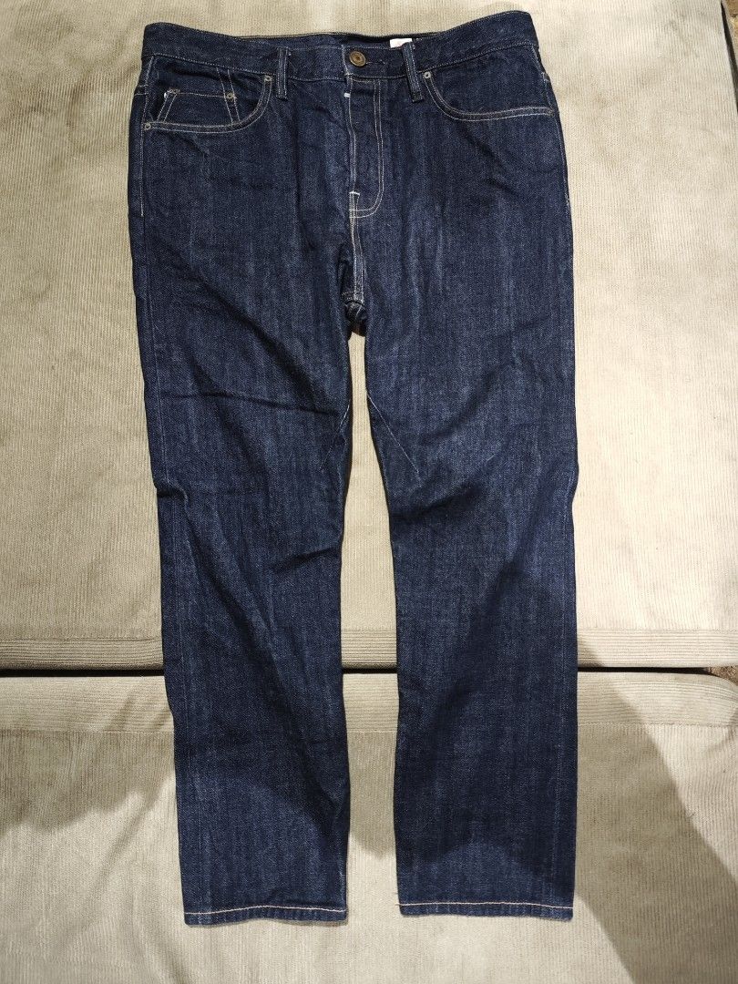 AllSaints Spitalfields Selvedge Denim Jeans (Category: Jeans) located in Quezon City. Submitted by naj.gnabiuq (Listing ID 1466996199, Image 1). Description: - Brand: AllSaints Spitalfields - Wash: Dark indigo with minimal fading - Material: Premium heavy selvedge denim with red-line ID on cuff - Fit: Straight leg cut - Details: Button fly, branded leather patch, and contrast topstitching - Condition: Excellent, versatile everyday wear - size ref