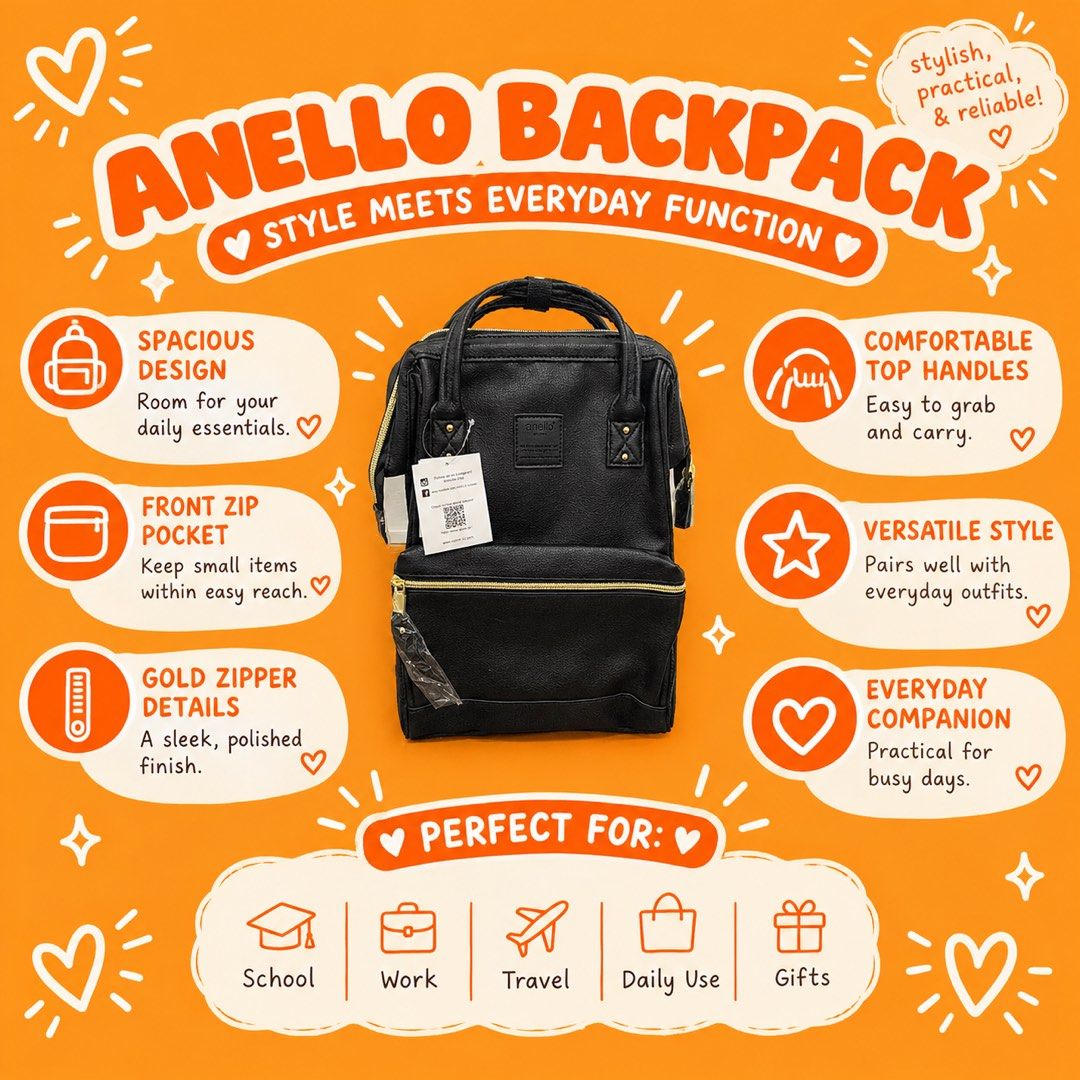Anello Black Backpack (Category: Backpacks) located in Navotas City. Submitted by ohyeinz (Listing ID 1467166762, Image 1). Description: A classic everyday essential! 🖤 this sleek black Anello backpack features a stylish design with gold-tone zippers and convenient compartments for your daily essentials. perfect for school, work, errands, or casual outings!.