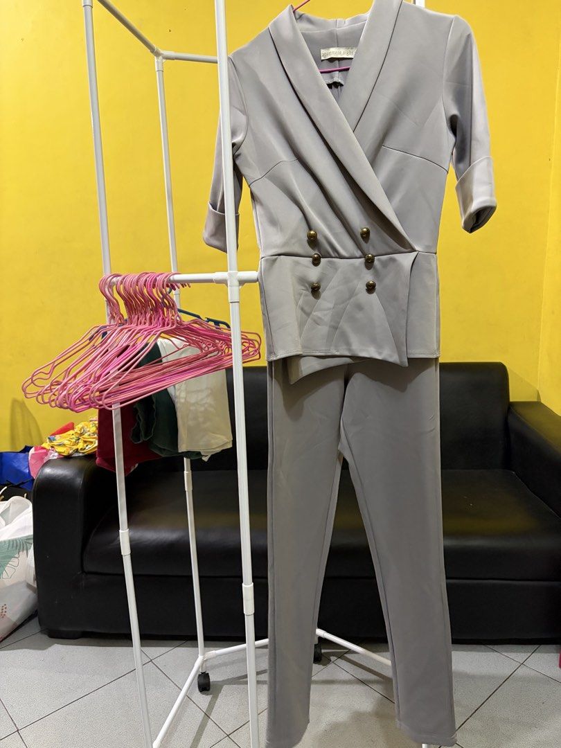 Apartment Eight Grey Blazer and Pants Set Size S (Category: Jumpsuits) located in Calamba. Submitted by handpickedbynetty (Listing ID 1467117919, Image 1). Description: - Brand: Apartment Eight - Style: Matching blazer and pants set - Size: Small - Color: Light grey - Jacket Details: Double-breasted, gold-toned buttons, cropped sleeves, structured lapels - Pants Details: Straight-leg trousers - Condition: Worn a few times, freshly cleaned and rea