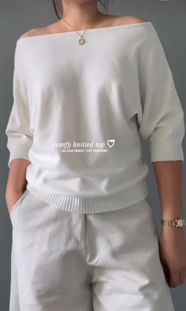 Apricot Off Shoulder Comfy Knitted Top (Category: Longsleeves) located in Taguig. Submitted by heyitsfrann (Listing ID 1467135071, Image 1). Description: - Color: Apricot - Style: Off-shoulder (can be worn on one shoulder or both) - Material: Super soft knit with ribbed hem and cuffs - Fit: Relaxed fit with mid-length sleeves - Versatility: Pairs great with jeans or wide-leg pants - Condition: Clean and well-maintained.