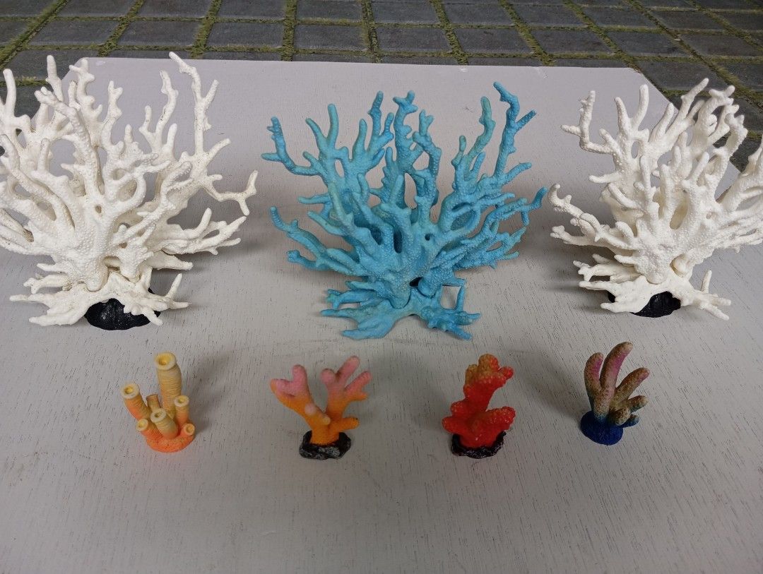 Aquarium Coral Decorations, Rocks and Seashells Bundle (Category: Homes & Other Pet Accessories) located in Caloocan City. Submitted by jonmag31 (Listing ID 1467067260, Image 1). Description: - Large bundle of aquarium decor and marine-themed display items - Includes large artificial blue and white coral trees - Features small colorful coral pieces and an orange plastic plant - Comes with assorted natural coral rocks, large clam shell, snail shel