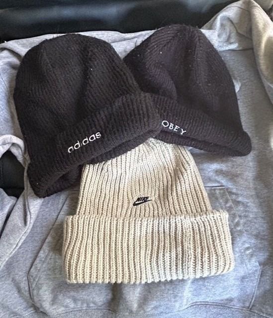 ASPACK Adidas, Obey, and Nike Beanies (FREE SHIP) (Category: Caps & Hats) located in General Santos City (Dadiangas). Submitted by moana_thrifts (Listing ID 1466986316, Image 1). Description: - Set of 3 beanies: Adidas, Obey, and Nike - Colors: Two in black, one in beige - Style: Ribbed knit with embroidered logos on cuffs - Fit: One size fits most - Perfect for cold weather or casual streetwear fits - Selling as a bundle only.