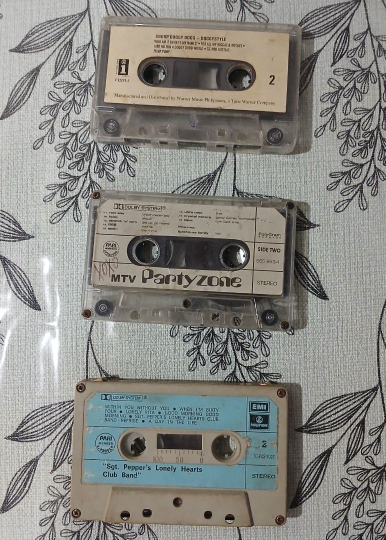 Assorted Cassette Tapes (no case) for sale (Category: CDs & DVDs) located in Manila. Submitted by miczngrz (Listing ID 1467012751, Image 1). Description: Assorted cassette tapes (no case) for sale! Only 150 each. Get 3 for 400. * Snoop Dogg - Doggystyle (SOLD) * MTV Partyzone compilation (SOLD) * The Beatles - Sgt. Pepper's Lonely Hearts Club Band.