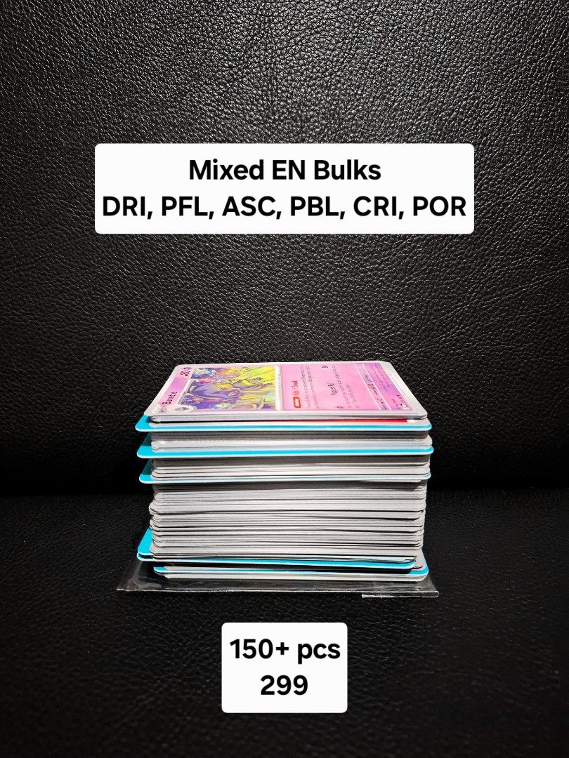 Assorted characters (Category: Raw Singles) located in Muntinlupa City. Submitted by jcendique (Listing ID 1467161100, Image 1). Description: Mixed EN Pokemon Bulks - DRI, PFL, ASC, POR, CRI, PBL - 150+ pcs. 299 only..
