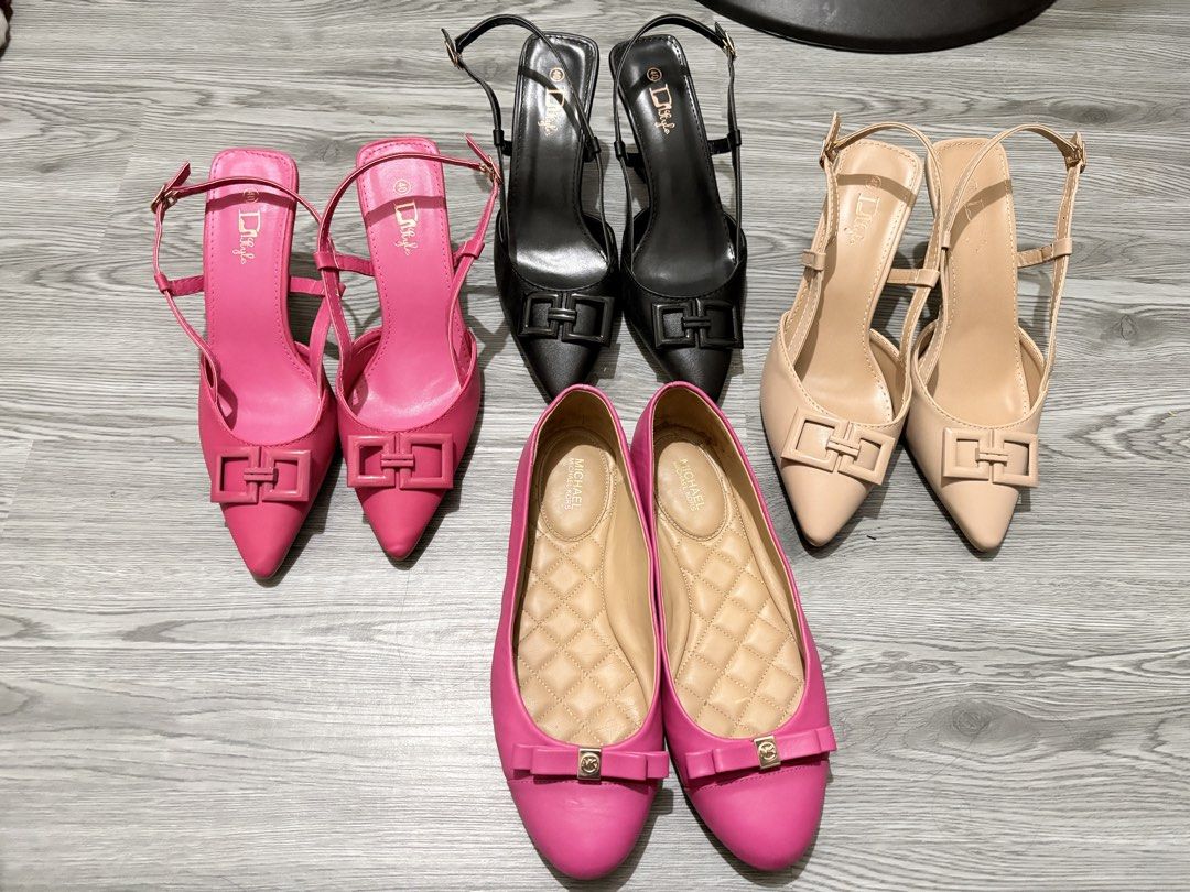Assorted Women's Heels and Flats Size 40 Bundle (Category: Flats & Sandals) located in Cabanatuan. Submitted by aniks_by_gm (Listing ID 1467094418, Image 1). Description: Best fit for 25cm Use for an hour only ung iba bnew. - Bundle deal: 4 pairs of women's footwear - Size: 40 - Inclusion 1: Pink Michael Kors quilted flats with bow detail - Inclusion 2: Three pairs of DStyle slingback heels in hot pink, black, and nude beige - Design: Pointed toe