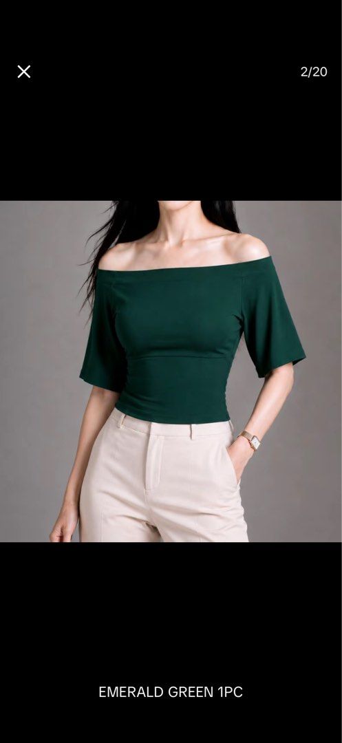 Asymmetrical Half Sleeve Top Available In Multiple Colors (Category: Blouses) located in Taguig. Submitted by heyitsfrann (Listing ID 1467135818, Image 2). Description: - Style: Off-shoulder or asymmetrical one-shoulder top - Fit: Form-fitting through the torso with half sleeves - Material: Soft and semi stretchy fabric - Colors available: Black, emerald green, taupe, and maroon - Styling: Perfect to pair with trousers or skirts for a clean, chic