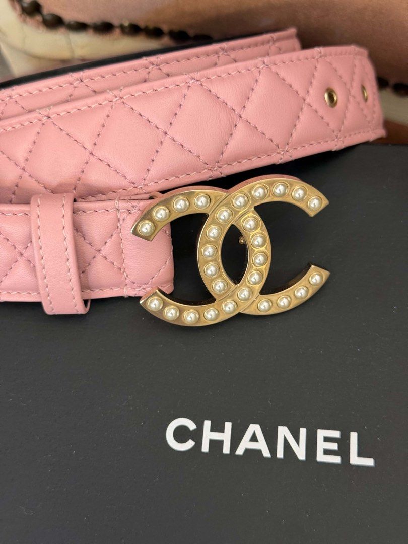 Authentic Chanel Belt (Category: Luxury Accessories) located in Muntinlupa City. Submitted by zarasuzzy (Listing ID 1467115799, Image 2). Description: Authentic never used. Too big for me. Very elegant wd tiny pearl details & nice pink color..