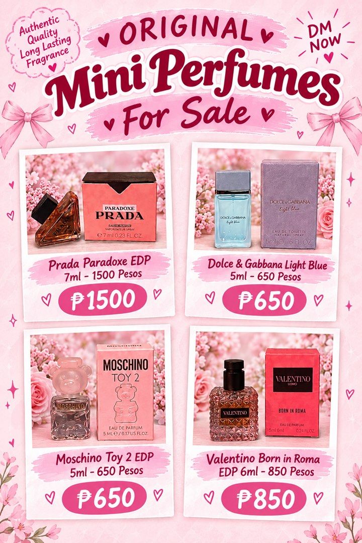 Authentic Mini Perfumes For sale (Category: Fragrance & Deodorants) located in Caloocan City. Submitted by gtfoakii (Listing ID 1466982568, Image 2). Description: All original mini perfumes and hairmist💕 Price ranges 650-2500 pesos only! Sure buyer only! Free YSL mini lippie if you buy 3 items and above All with box and brandnew! MOP:Maribank MOD: JNT.