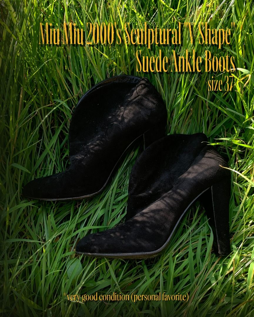 [Authentic] Miu Miu Black Suede Ankle Booties (Category: Boots) located in Caloocan City. Submitted by v1ntagec0llect10n (Listing ID 1467153467, Image 2). Description: Features a chic pointed toe, high block heels, and a classic V-cut collar. Styled with a real leather interior and signature branding. Perfect for nights out and formal events..
