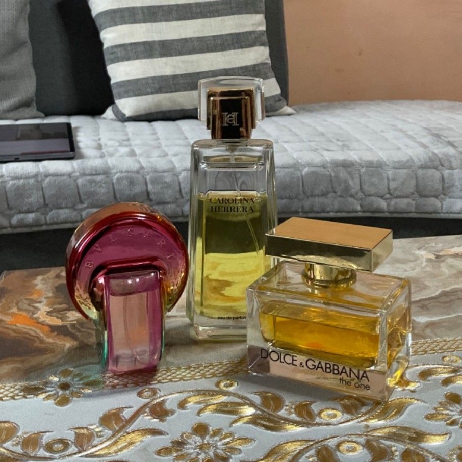 authentic perfumes take all (no boxes) (Category: Fragrance & Deodorants) located in Villasis. Submitted by aevst (Listing ID 1466988659, Image 1). Description: — all perfumes are auth, bought in duty free hkia — 100 ml carolina herrera eau de parfum for women (also known as the classic carolina herrera signature fragrance) — bvlgari omnia by mary katrantzou eau de parfum for women 65ml – floral fragrance — dolce & gabbana the one eau de parfum 7