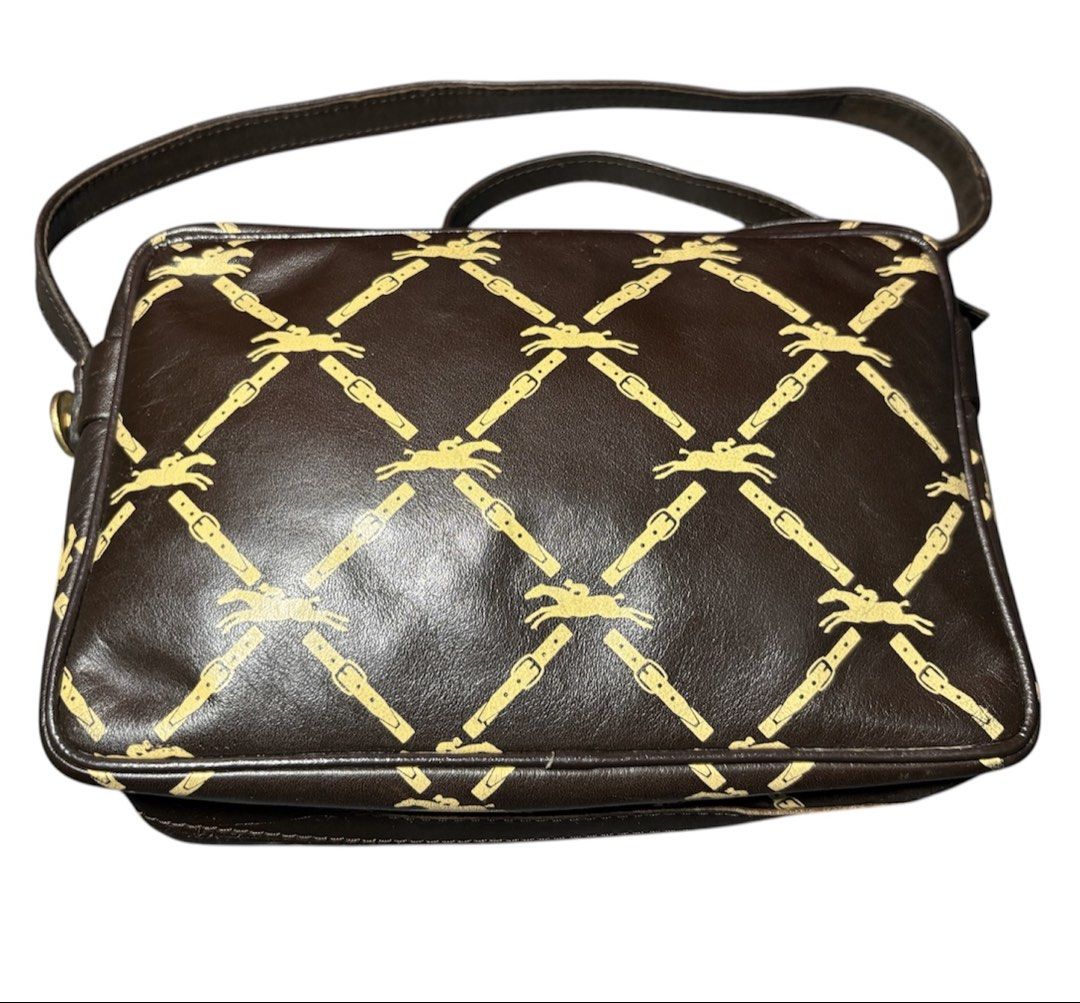 Authentic Vintage Longchamp Equestrian Pattern Shoulder Bag (Category: Luxury Bags & Wallets) located in Malabon City. Submitted by sartorial_finds (Listing ID 1467149051, Image 3). Description: Longchamp Brown Monogram Shoulder Bag | Vintage Authentic Longchamp shoulder bag in a classic dark brown colorway featuring the iconic horse-and-rider monogram print throughout. A practical and stylish everyday bag with multiple front pockets for easy org