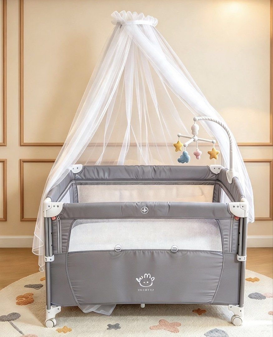 Baby folding baby crib (Category: Cots & Cribs) located in Orion. Submitted by pafs.26 (Listing ID 1467081557, Image 1). Description: Inclusions: diaper table, rocker, mosquito net, storage basket, rotating toy.