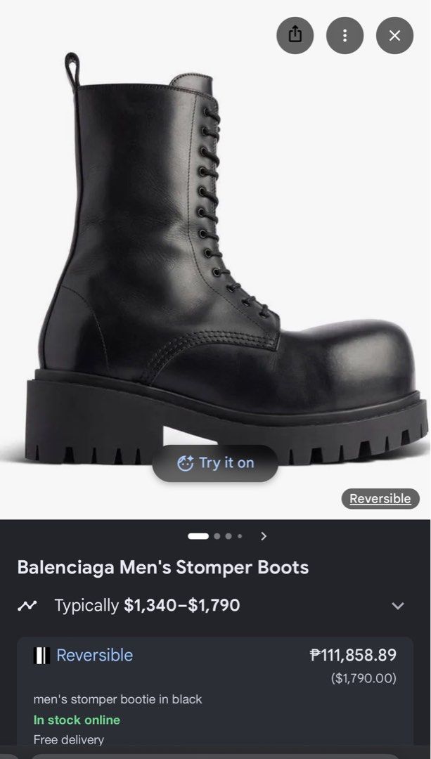 Balenciaga Stomper Boots (Category: Boots) located in Manila. Submitted by itachi1997 (Listing ID 1467145818, Image 1). Description: Size 45 to 46 US Inclusion Super Big Box.