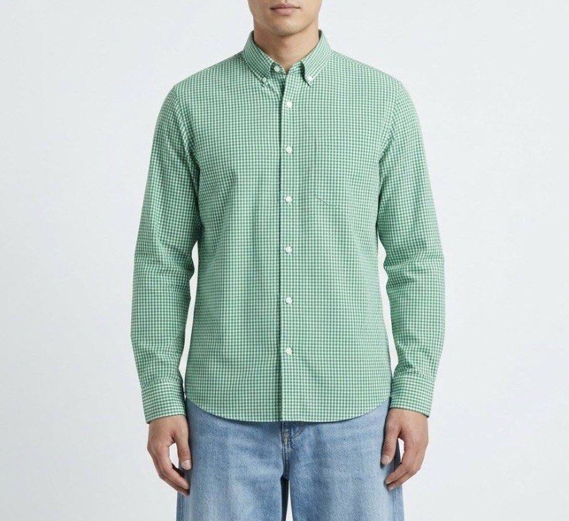 Baleno Green & White Gingham Check Button-Down Polo Longsleeve (Category: Formal Shirts) located in Caloocan City. Submitted by declutteringph. (Listing ID 1467011195, Image 1). Description: Size L on the tag! Dimensions: (inches) Shoulder width: 16” Bust width: 21” Body Length:29” - 31” Sleeves Length: 26”.