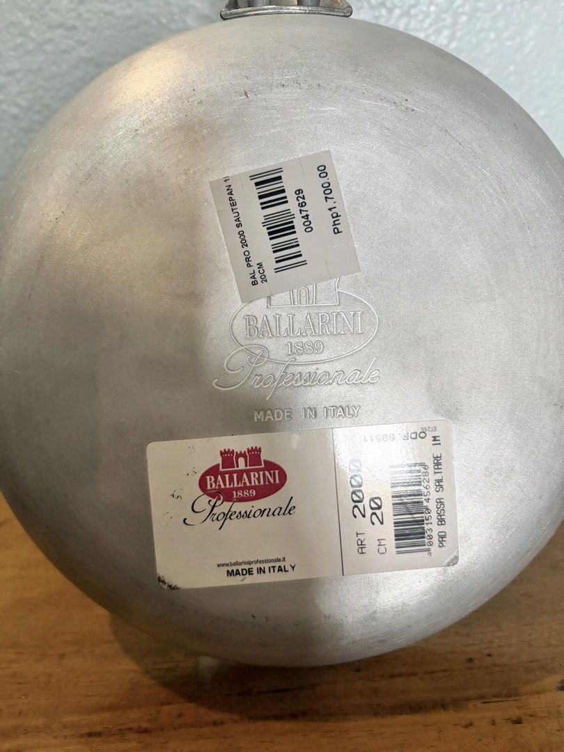 Ballarini Saute Pan 20cm (Category: Cookware & Accessories) located in Quezon City. Submitted by gchua888 (Listing ID 1467167949, Image 2). Description: -Professional line in aluminum with internal non-stick coating -High thick constant body for perfect heat distribution and maintenance -Concave base when the utensil is cold and flat when it is hot -Ergonomic professional stainless steel tubular handles, with reinforced rib Selling for ₱1,200 (Or