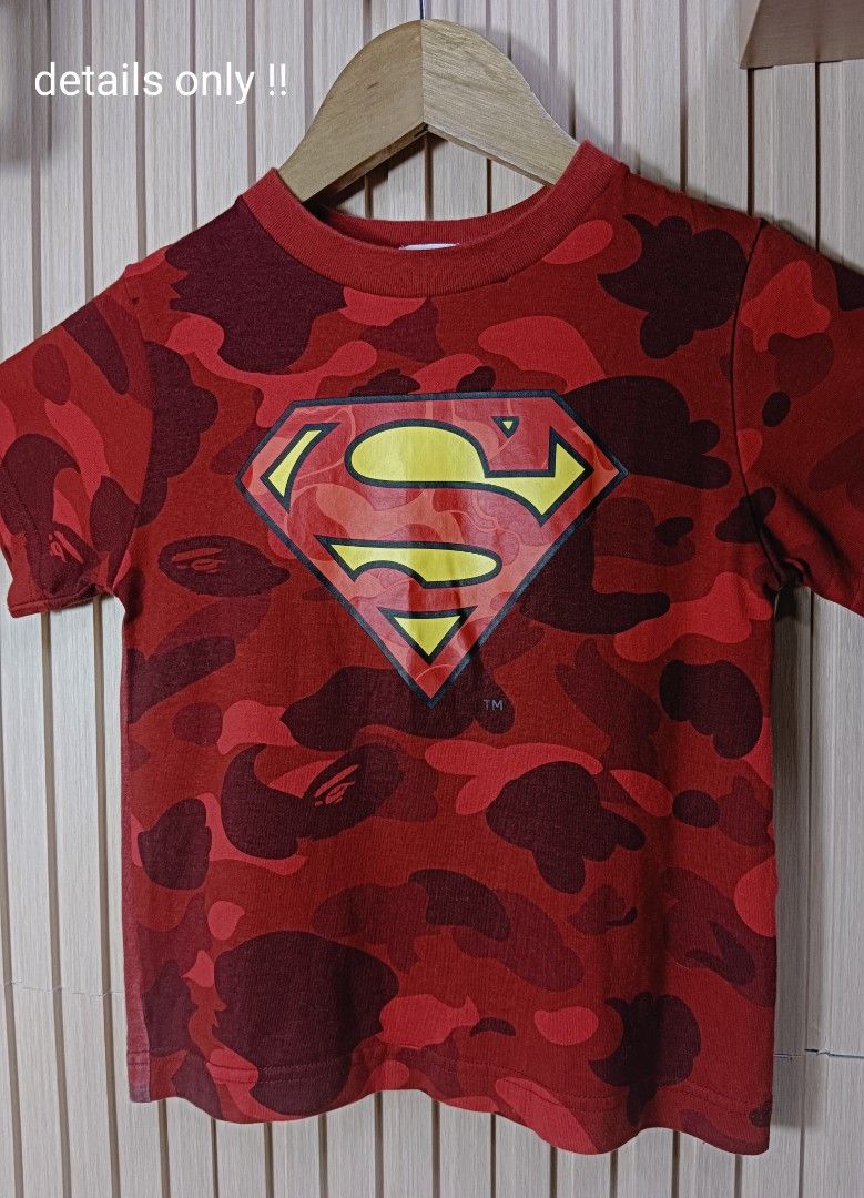 BAPE x SUPERMAN RED CAMOU (Category: Babies & Kids Fashion) located in Manila. Submitted by kidsthrifthustle (Listing ID 1467157995, Image 2). Description: BAPE KIDS X SUPERMAN RED CAMOU (LEGIT) 5-6 YRS OLD EXCELLENT TO LIKENEW.