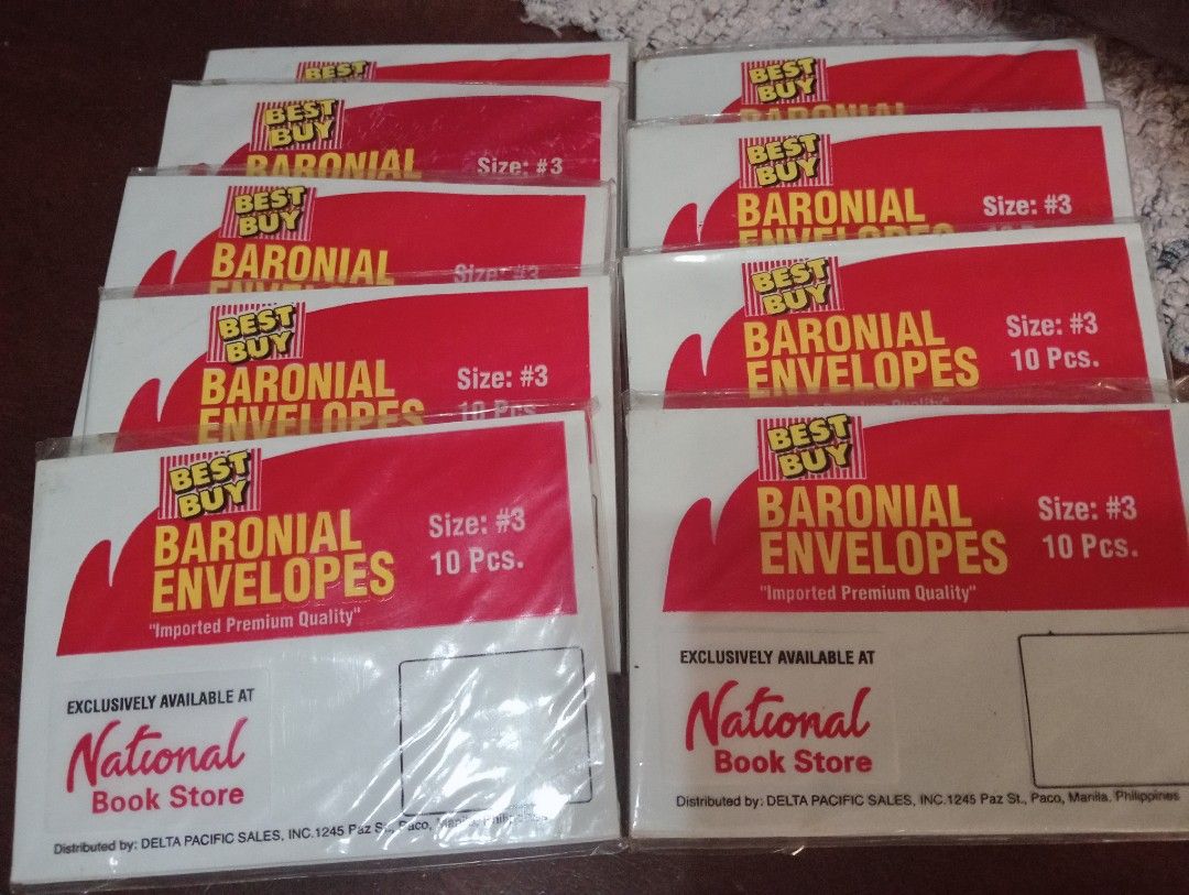 Baronial Envelopes Size 3 National Book Store (Category: Stationery & School Supplies) located in Makati City. Submitted by YSL80022 (Listing ID 1467000054, Image 1). Description: - Brand/Item: Best Buy Baronial Envelopes (Size 3) - Quantity: 10 pieces per pack (Multiple packs available), 10 packs for the whole lot. - Material: Imported premium quality paper - Source: National Book Store (Distributed by Delta Pacific Sales, Manila) - Condition: B