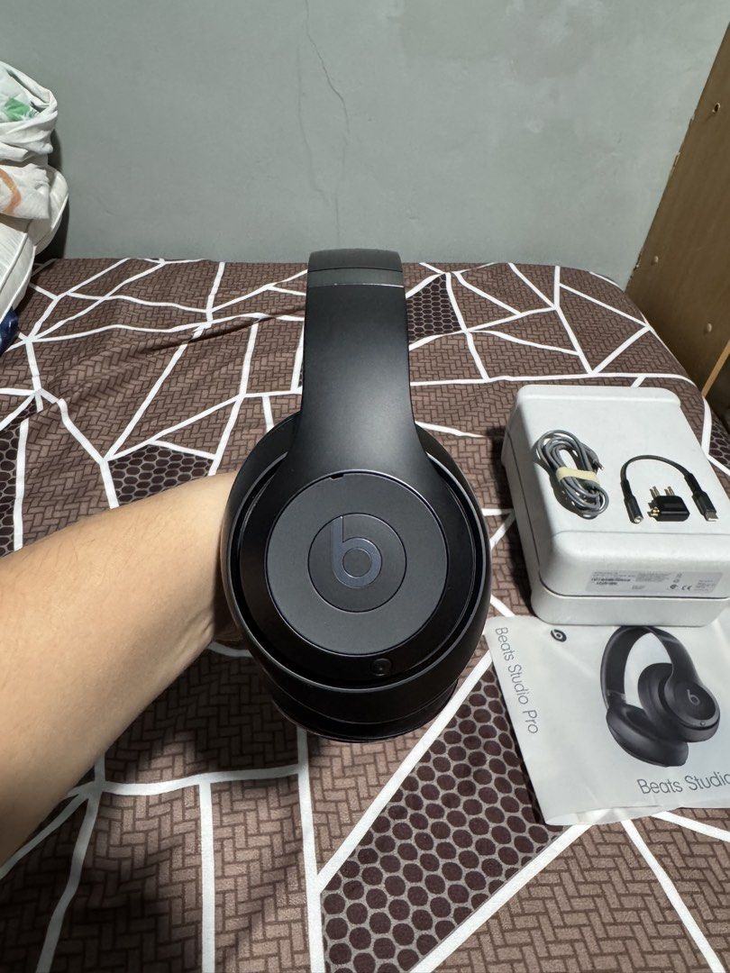 Beats Studio Pro Wireless Headphones Black with Case and Box (Category: Headphones & Headsets) located in Las Pinas. Submitted by mojoejoejoe2 (Listing ID 1466979079, Image 3). Description: - Item: Beats Studio Pro - Color: Black - Condition: Fully working, great sound quality with deep bass, minor handling signs on headband, clean ear cups - Features: Over-ear design, Active Noise Cancellation (ANC) - Inclusions: Original carrying case, box, man