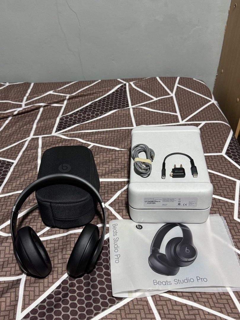 Beats Studio Pro Wireless Headphones Black with Case and Box (Category: Headphones & Headsets) located in Las Pinas. Submitted by mojoejoejoe2 (Listing ID 1466979079, Image 1). Description: - Item: Beats Studio Pro - Color: Black - Condition: Fully working, great sound quality with deep bass, minor handling signs on headband, clean ear cups - Features: Over-ear design, Active Noise Cancellation (ANC) - Inclusions: Original carrying case, box, man