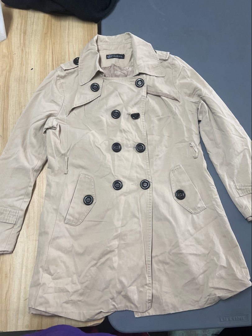 Beige Double-Breasted Trench Coat (Category: Coats, Jackets and Outerwear) located in Bulacan. Submitted by Domozz (Listing ID 1467026172, Image 1). Description: Length- 29 Width- 18 Small Women .