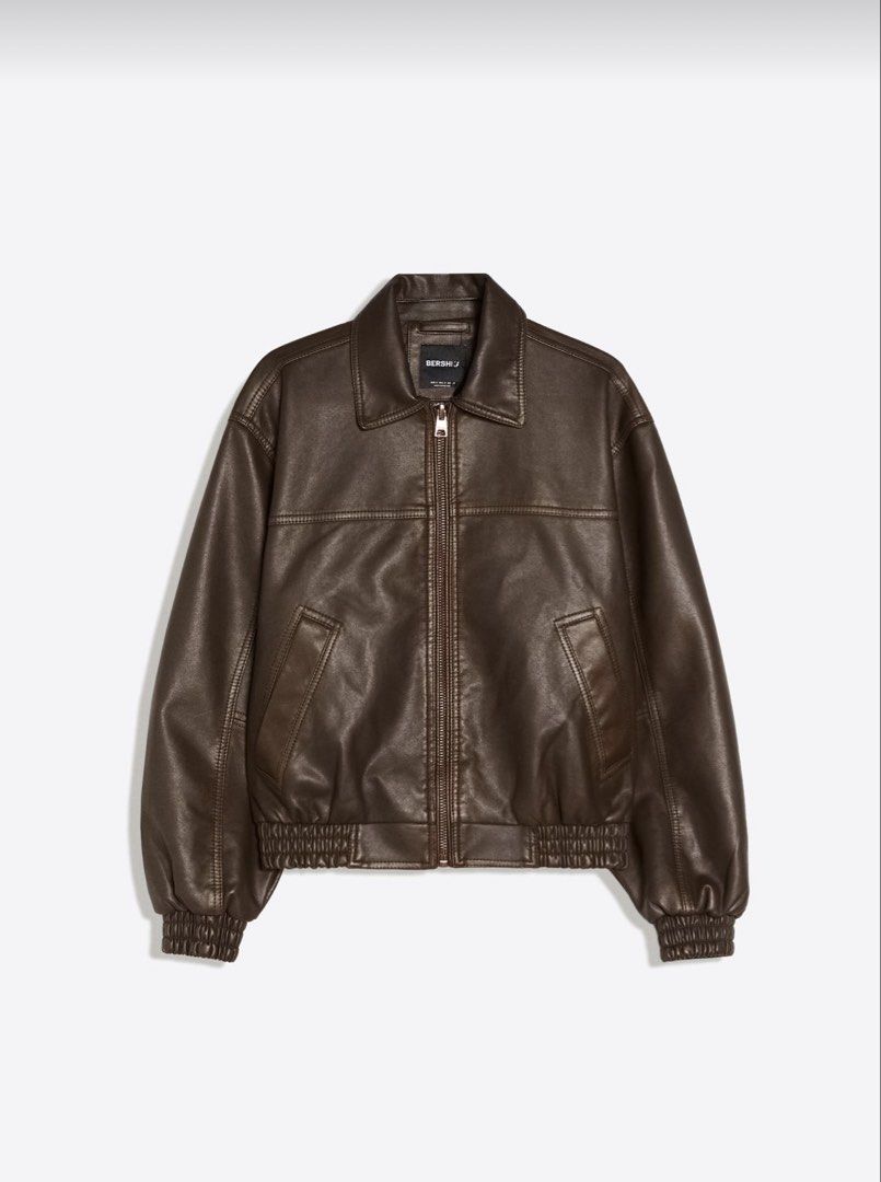 Bershka Brown Leather Effect Jacket Size S (Category: Coats, Jackets and Outerwear) located in Bacolod City. Submitted by starqarts (Listing ID 1467063644, Image 1). Description: - Brand: Bershka - Item: Brown leather-effect jacket - Size: S (Regular fit) - Details: Zip-up front with collar, elasticated cuffs and hem, two front pockets - Material: Outer shell 100% polyester with polyurethane coating - Measurements: Chest width 57 cm | Sleeve leng