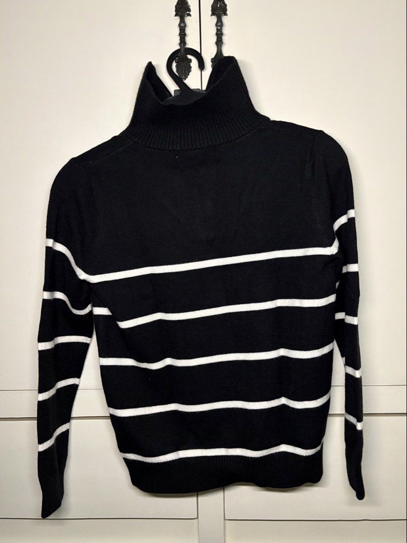 Black & White Striped Half-Zip Knit Sweater (Category: Coats, Jackets and Outerwear) located in Paranaque City. Submitted by honeykkkk (Listing ID 1467000474, Image 2). Description: • Details: Classic black knit with white horizontal stripes, high ribbed collar, functional front half-zip closure, and ribbed cuffs and hem. • Condition: Excellent condition — worn once only for less than an hour. • Size: Tagged Size 8 (Fits Kids / XXS) .