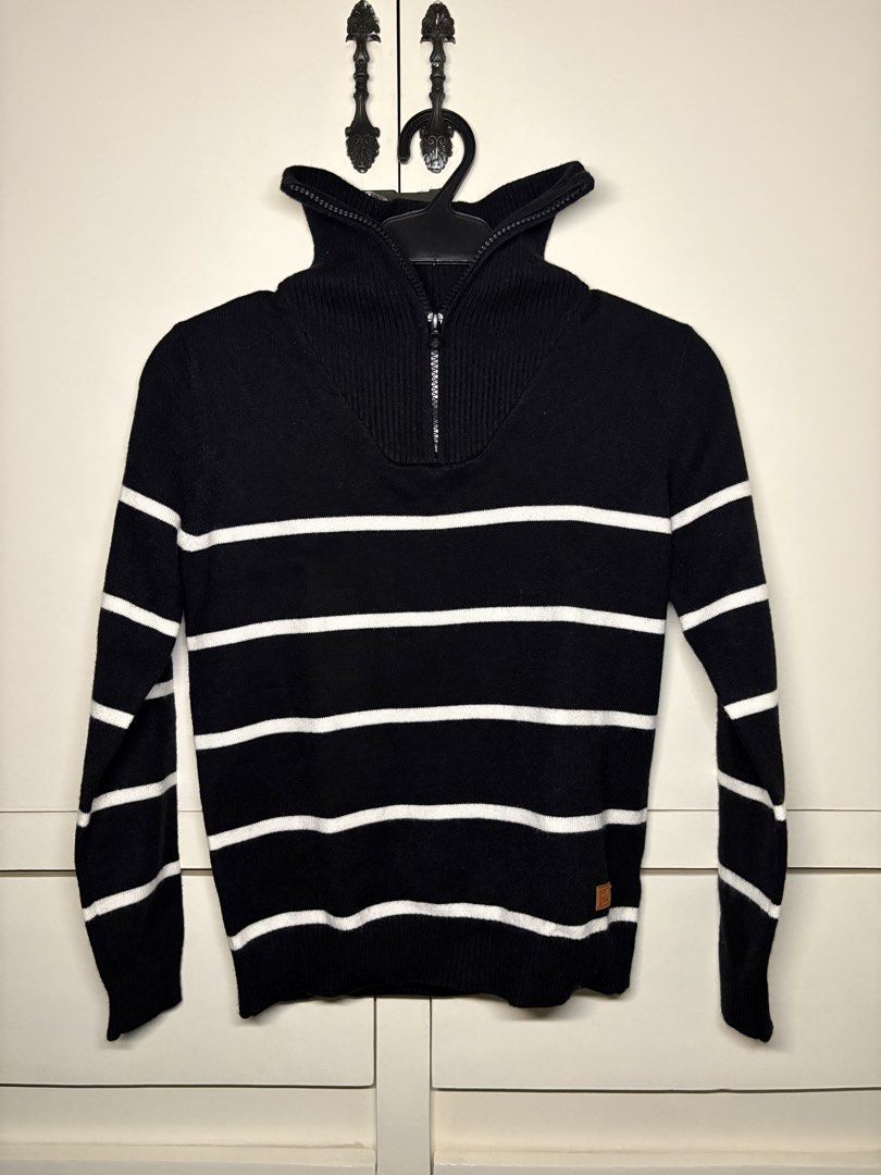 Black & White Striped Half-Zip Knit Sweater (Category: Coats, Jackets and Outerwear) located in Paranaque City. Submitted by honeykkkk (Listing ID 1467000474, Image 1). Description: • Details: Classic black knit with white horizontal stripes, high ribbed collar, functional front half-zip closure, and ribbed cuffs and hem. • Condition: Excellent condition — worn once only for less than an hour. • Size: Tagged Size 8 (Fits Kids / XXS) .