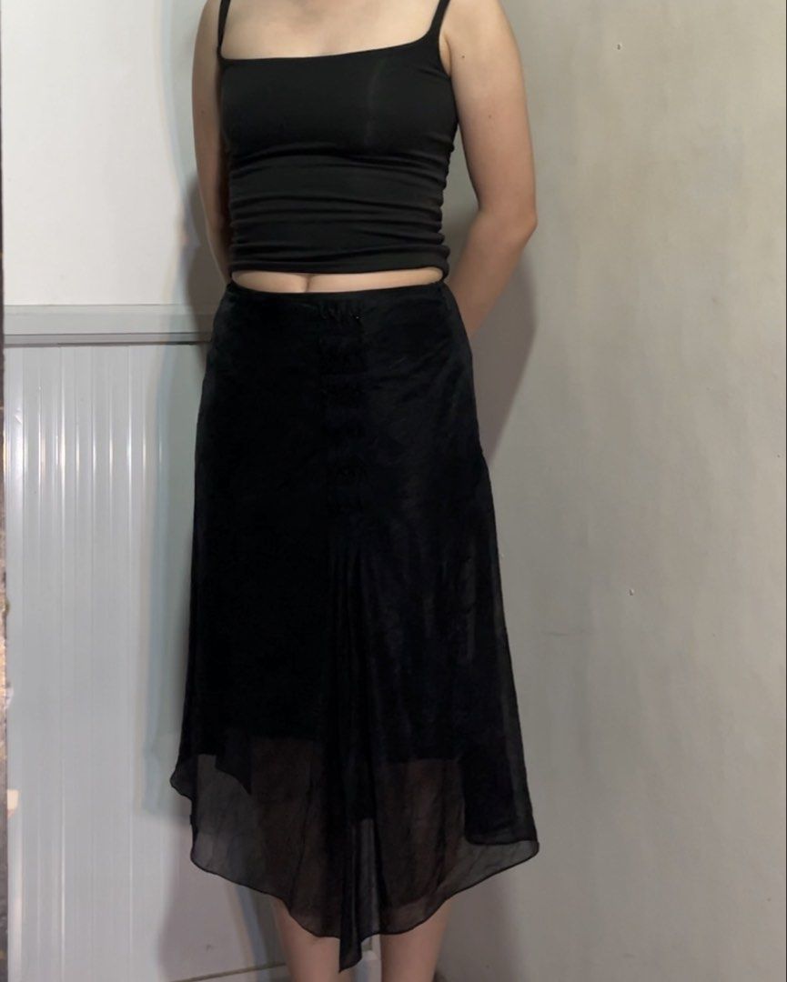 black asymmetrical midi skirt (Category: Skirts) located in Manila. Submitted by shop.erissa (Listing ID 1466310685, Image 1). Description: description: - w: 24-25, l:27 - a bit sheer but double lined mop: - maribank - bdo.