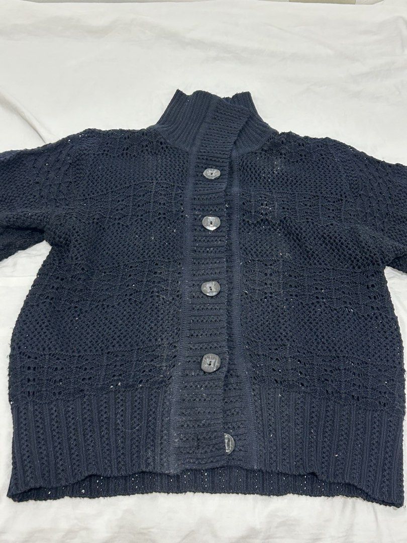 Black Knitted Button-Up Cardigan with Turtleneck Collar (Category: Coats, Jackets and Outerwear) located in Quezon City. Submitted by jilamndz (Listing ID 1467043309, Image 1). Description: - Color: Dark black - Material: Soft textured wool blend - Design: Open mesh stitch pattern with high turtleneck - Closure: Front fastening with 5 large grey marbled buttons - Details: Thick ribbed cuffs at hem and sleeves - Best for: Cold weather layering and