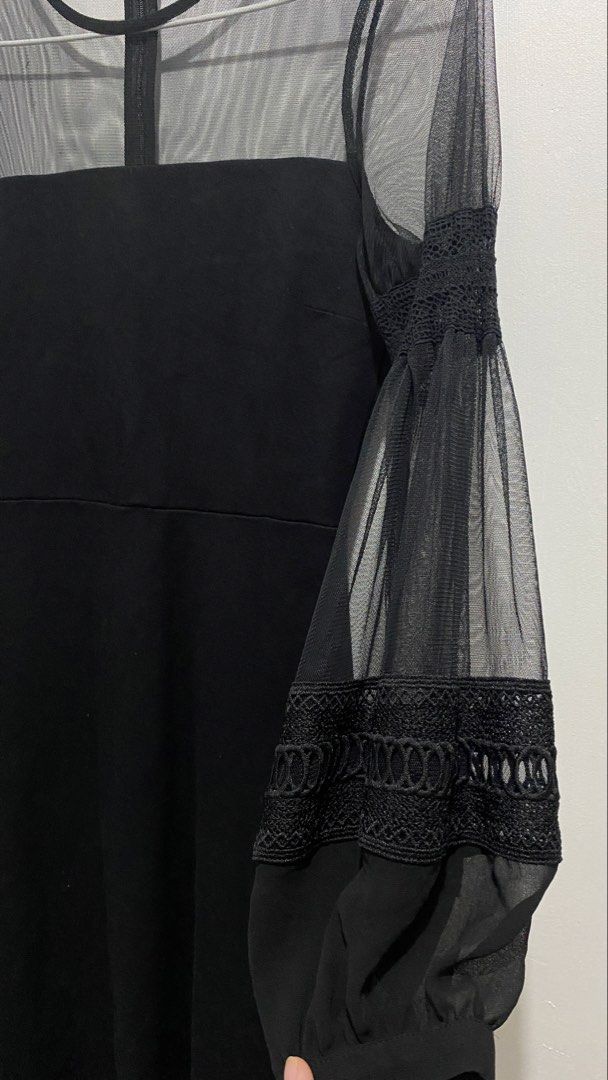 Black Long Sleeve Sheer Mesh Dress (Category: Dresses) located in Ozamiz City. Submitted by icadls (Listing ID 1467126621, Image 3). Description: - Style: Knee-length fit dress - Color: Black - Design details: Sheer mesh top yolk, long sleeves with intricate lace trim banding, and a classic square neckline - Closure: Convenient back zipper - Condition: Worn only once for a dinner event, super clean and well-maintained - Ideal for: Date nights, fo