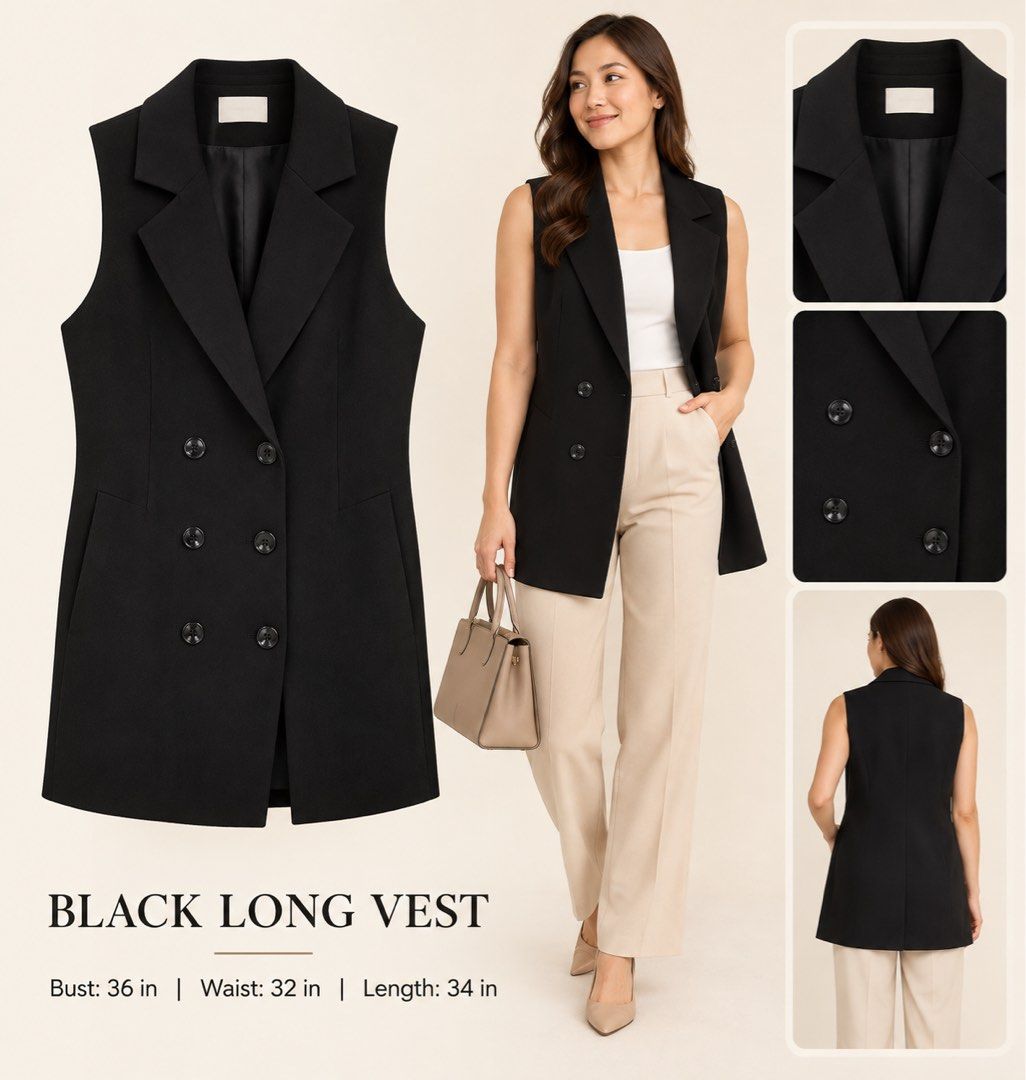 Black Long Vest Double Breasted Sleeveless Blazer (Category: Sleeveless) located in Quezon City. Submitted by kishey (Listing ID 1467140149, Image 1). Description: - Color: Classic Black - Style: Double-breasted long vest with structured lapel collar and matching buttons - Features: Sleeveless cut, two functional front pockets - Measurements: Fits bust 36 inches, waist 32 inches, length 34 inches - Versatility: Clean design, easy to layer over to