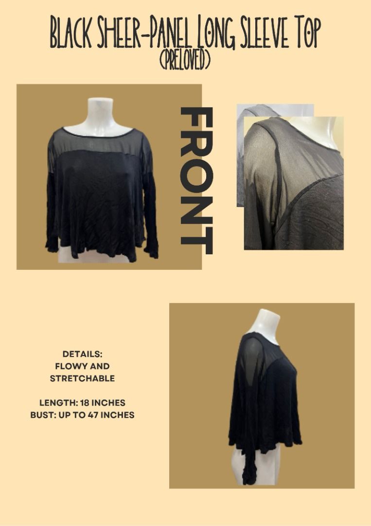 Black Sheer-Panel Long Sleeve Top Preloved (Category: Longsleeves) located in Caloocan City. Submitted by shopwcol_ (Listing ID 1467058308, Image 1). Description: - Color: Black - Design: Long sleeves with sheer mesh panels on upper chest and shoulders - Fabric: Flowy and stretchable - Measurements: 18 inches length, fits up to 47 inches bust - Condition: Preloved in good shape.