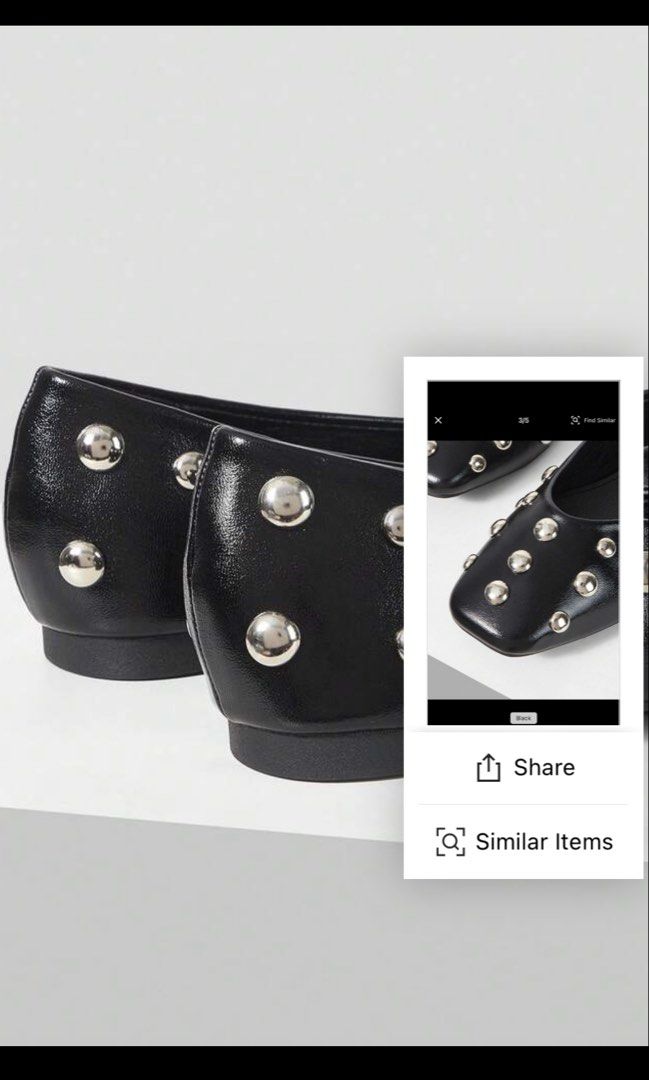 Black Studded Square Toe Ballet Flats (Category: Flats & Sandals) located in Taguig. Submitted by heyitsfrann (Listing ID 1467137789, Image 2). Description: - Color: Black - Style: Slip-on flats with a clean minimalist design - Accents: Silver-tone metal studs all over the upper and sides - Toe Shape: Trendy square toe - Heel: Low block heel for comfortable daily wear - Finish: Smooth material finish - Condition: Like new / Excellent (ready to we
