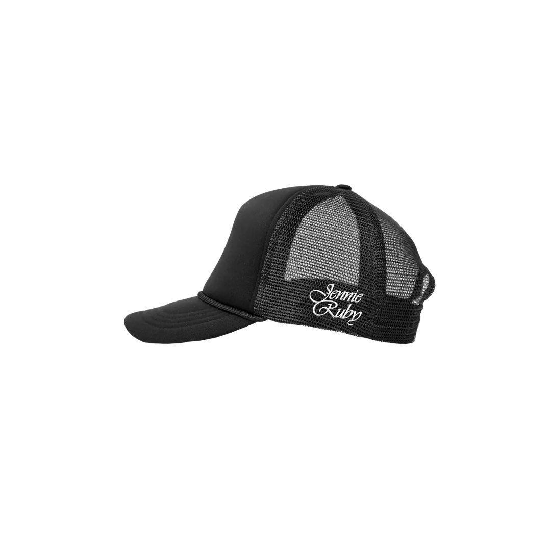 Black trucker cap with printed text on front (Category: Caps & Hats) located in Iloilo. Submitted by princejaja (Listing ID 1467048479, Image 2). Description: FOR SALE: Jennie “Thank You” Trucker Hat - RUBY Era 💎 Details: Item: Official Jennie RUBY “Thank You” Trucker Hat Color: All Black with white print Details: Features Jennie’s thank you letter to fans on front + “Jennie Ruby” embroidery on side Condition: Brand new/Never been worn Perfect f