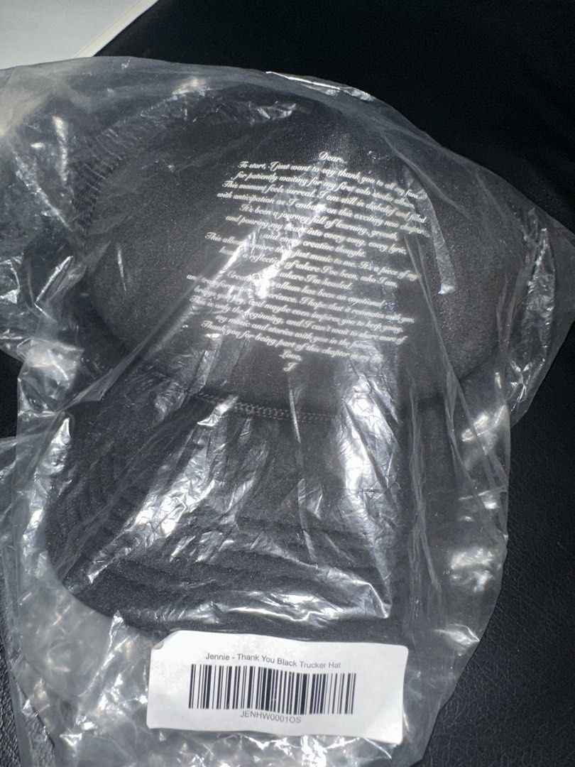 Black trucker cap with printed text on front (Category: Caps & Hats) located in Iloilo. Submitted by princejaja (Listing ID 1467048479, Image 3). Description: FOR SALE: Jennie “Thank You” Trucker Hat - RUBY Era 💎 Details: Item: Official Jennie RUBY “Thank You” Trucker Hat Color: All Black with white print Details: Features Jennie’s thank you letter to fans on front + “Jennie Ruby” embroidery on side Condition: Brand new/Never been worn Perfect f