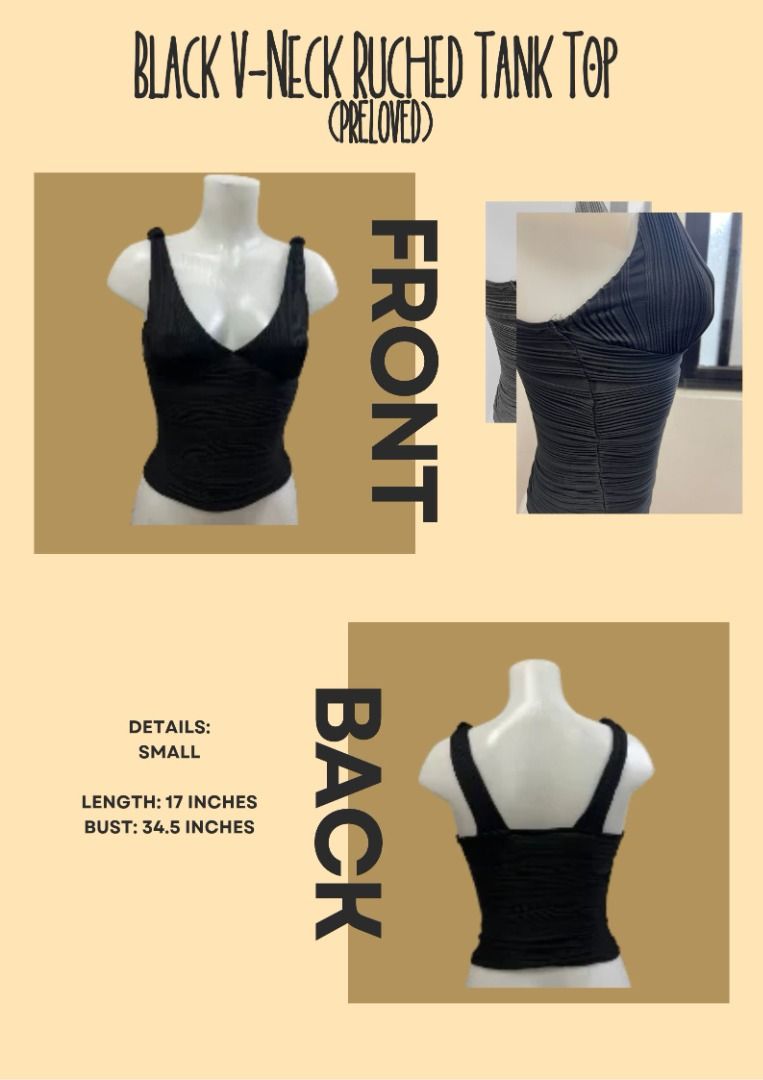 Black V-Neck Ruched Tank Top (Category: Sleeveless) located in Bulacan. Submitted by shopwcol_ (Listing ID 1467064213, Image 1). Description: - Color: Black - Style: Slim fit with all-over ruching, deep V-neckline, and wide straps - Size: Small - Measurements: Length 17", Bust 34.5" - Condition: Preloved, well-maintained.