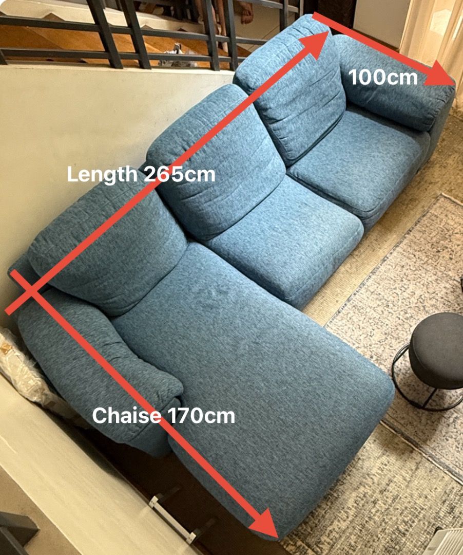 Blue Fabric L-Shaped Sectional Sofa with Chaise (Category: Sofas) located in Quezon City. Submitted by john33333 (Listing ID 1466995255, Image 2). Description: Italian 3-Seater Sofa with Chaise, Newly Upholstered A stylish Italian 3-seater sofa with a generous chaise, newly upholstered in a quality blue textured fabric. It has deep, comfortable cushions and a relaxed modern look, and it's in excellent condition. It's been kept protected under a f