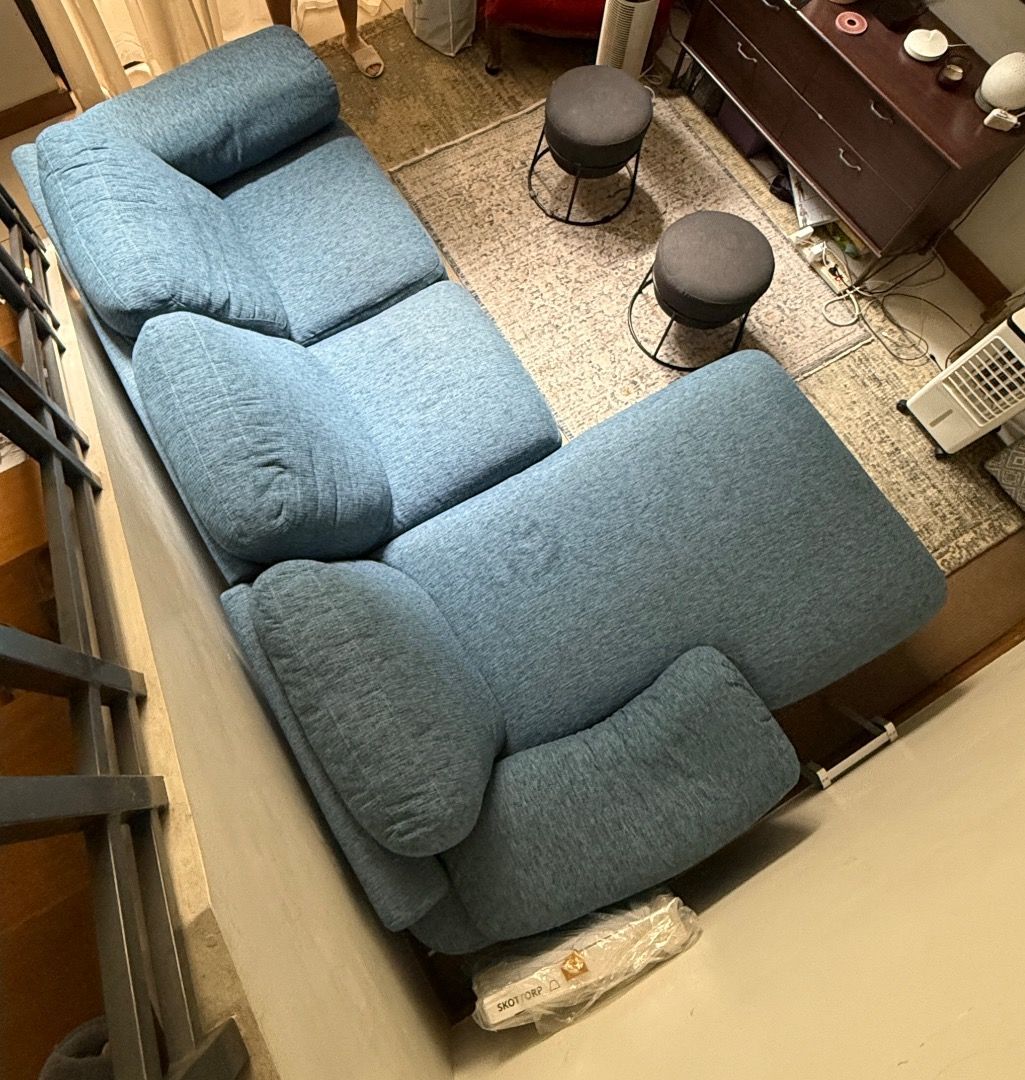 Blue Fabric L-Shaped Sectional Sofa with Chaise (Category: Sofas) located in Quezon City. Submitted by john33333 (Listing ID 1466995255, Image 3). Description: Italian 3-Seater Sofa with Chaise, Newly Upholstered A stylish Italian 3-seater sofa with a generous chaise, newly upholstered in a quality blue textured fabric. It has deep, comfortable cushions and a relaxed modern look, and it's in excellent condition. It's been kept protected under a f