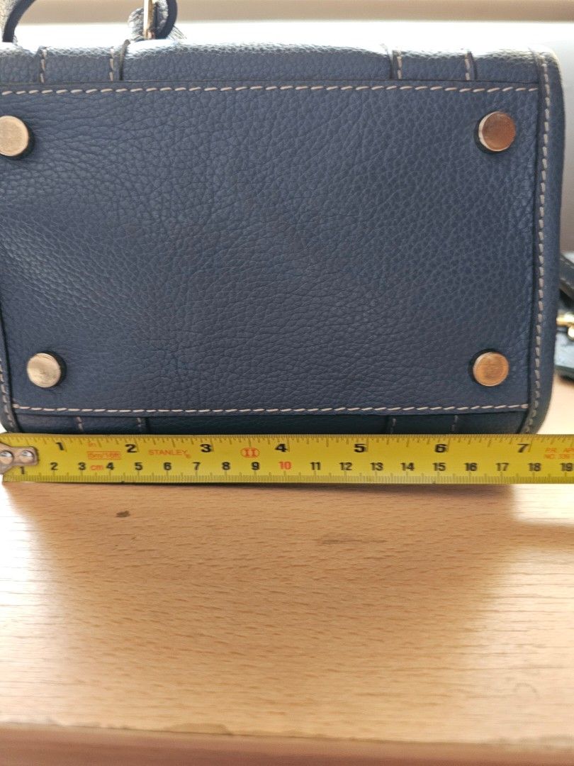 Blue Leather Tote Bag with Shoulder Straps (Category: Tote Bags) located in Muntinlupa City. Submitted by ninja_mode2323 (Listing ID 1466982501, Image 3). Description: - Blue textured leather tote bag. Soft pebbled leather. - Compact everyday size: approx. 22 cm (L) x 10 cm (W) x 18 cm (H) - Includes 2 interchangeable straps: matching leather and trendy patterned fabric - Elegant gold-tone hardware with protective metal feet on the bottom - Secur