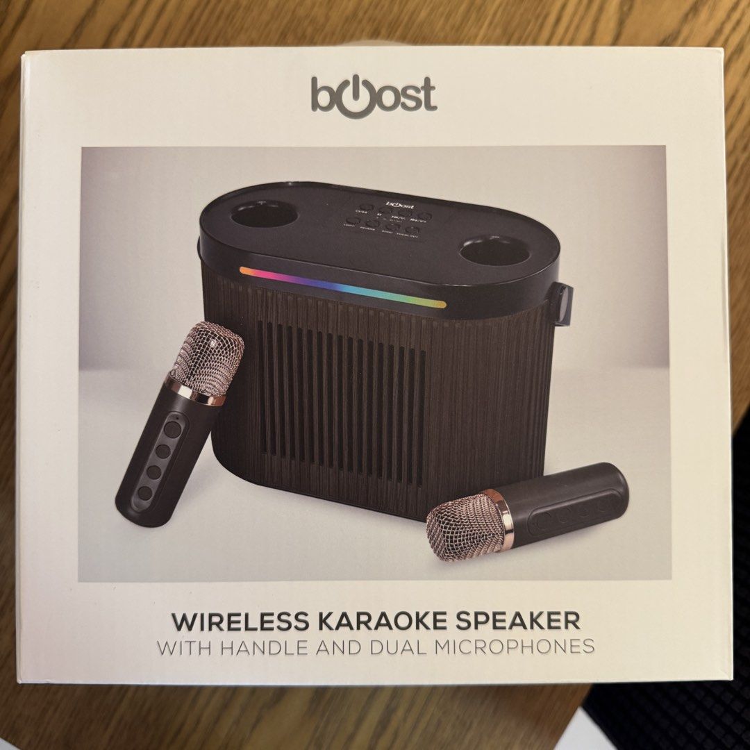 Boost Wireless Karaoke Speaker with Dual Microphones (Category: Soundbars, Speakers & Amplifiers) located in Pasig City. Submitted by mon.alcantara (Listing ID 1466972262, Image 3). Description: Used only once at a small gathering. ***Please note that main unit and the microphones will charge only using a USB-A to USB-C cable (same as the one included in the package). Will not charge using type C to type C cables. - Boost Wireless Karaoke Speaker