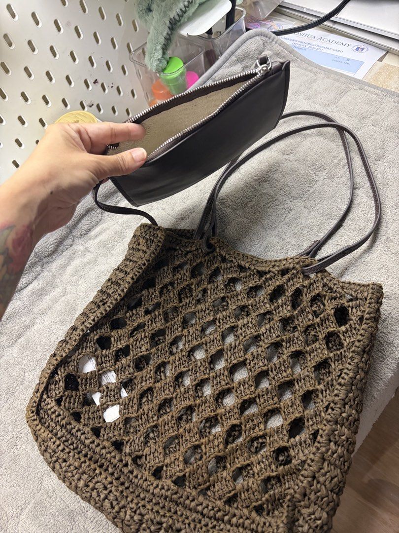 Mango Crocheted Tote Bag with Matching Pouch (Category: Beach Bags) located in Marikina City. Submitted by phelinky_finds (Listing ID 1467089038, Image 2). Description: 🛍️ DESCRIPTION: - Color: Dark brown - Material/Design: Open weave crochet - Straps: Thin shoulder straps - Includes: Matching dark brown zip pouch on a strap - Condition: Clean inside and out - Style: Minimalist, versatile beach or everyday bag ✅ Condition: Slightly used, with mi