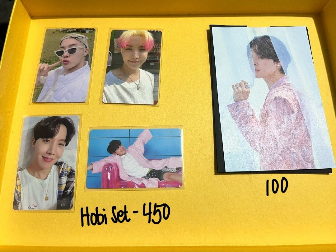 BTS Photocards Set (Category: K-Wave Merchandise) located in Manila. Submitted by itskmv (Listing ID 1467073417, Image 2). Description: - Official BTS photocards and sets available - RM Set: ₱1,200 - Jin Set: ₱750 - Hobi Set 1: ₱450 - Hobi Set 2: ₱250 - Mixed Member Set: ₱200 - BTS Member Id photos: ₱100 each.