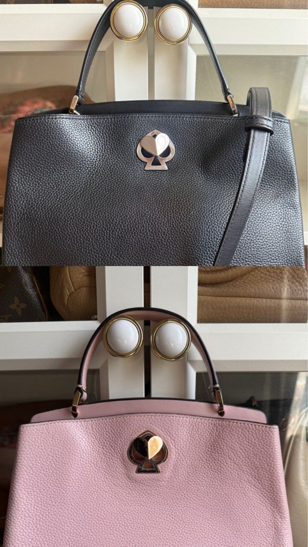 BUNDLE Kate Spade Nicola Twistlock Pebbled Leather Handbag (Category: Luxury Bags & Wallets) located in Mandaluyong City. Submitted by secondsnlabels (Listing ID 1467094968, Image 1). Description: - Brand: Kate Spade - Material: Premium textured leather - Colors available: Solid black or soft pink - Closure: Signature spade clasp - Straps: Short top handles and a detachable shoulder strap - Design: Structured shape with clean lines and metal hard