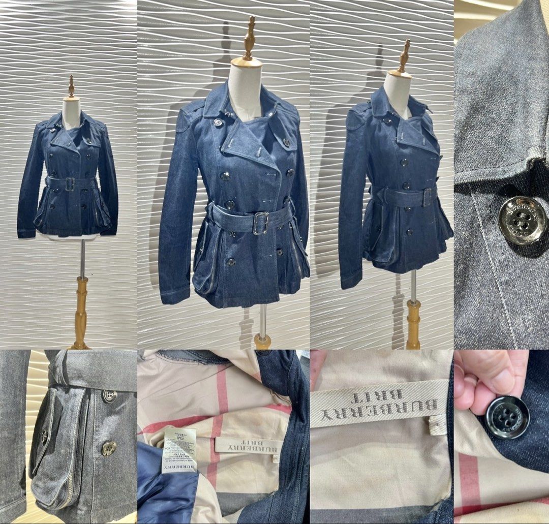 Burberry Brit Denim Trench Coat (Category: Coats, Jackets and Outerwear) located in Bacolod City. Submitted by bhabissagal-05763 (Listing ID 1466993116, Image 1). Description: - Brand: Burberry Brit - Style: Denim trench coat - Color: Dark wash blue - Details: Double-breasted front with branded buttons, matching waist belt, and zipped pocket accents - Lining: Iconic Nova Check interior lining - Origin: Made in Turkey - Condition: Clean fabric thr