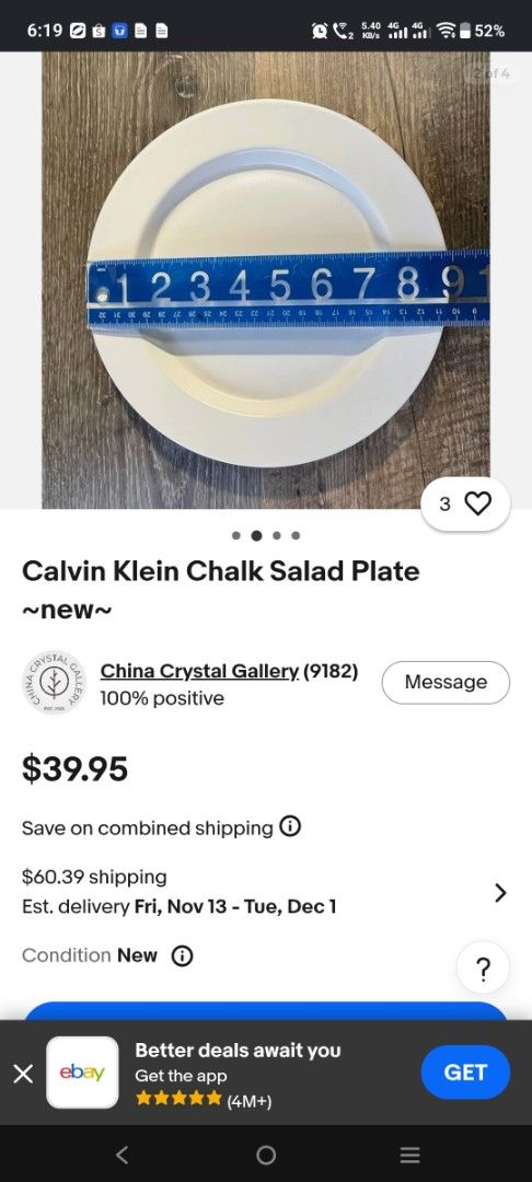 Calvin Klein Chalk Salad Plate (Category: Dinnerware & Cutlery) located in Manila. Submitted by hellow2024 (Listing ID 1467078776, Image 1). Description: - Brand: Calvin Klein - Collection/Pattern: Chalk - Item Type: Salad plate - Size: Approx. 9 inches across - Material: Stoneware - Origin: Made in Japan - Design: Clean white finish with a wide rim - Condition/Details: Bottom brand stamp clearly visible, original store barcode sticker still atta