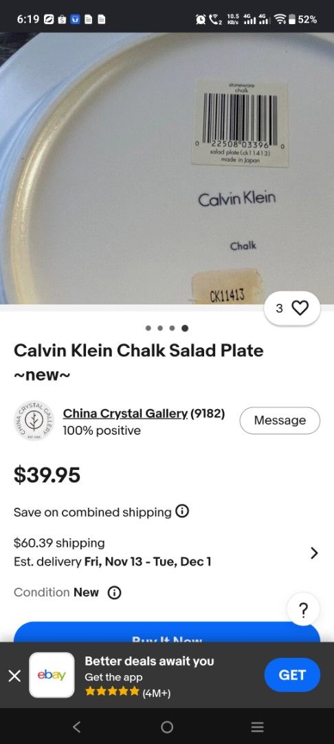 Calvin Klein Chalk Salad Plate (Category: Dinnerware & Cutlery) located in Manila. Submitted by hellow2024 (Listing ID 1467078776, Image 2). Description: - Brand: Calvin Klein - Collection/Pattern: Chalk - Item Type: Salad plate - Size: Approx. 9 inches across - Material: Stoneware - Origin: Made in Japan - Design: Clean white finish with a wide rim - Condition/Details: Bottom brand stamp clearly visible, original store barcode sticker still atta
