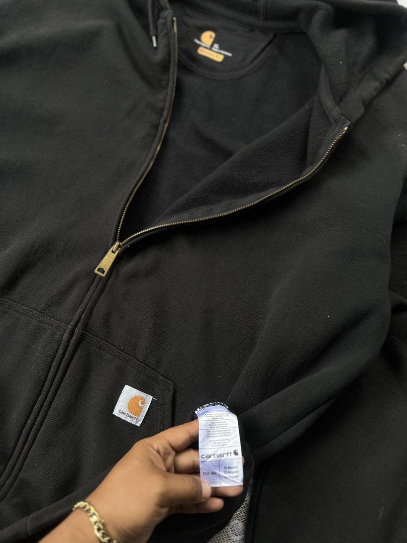 Carhartt K122/ Full Zip (Category: Coats, Jackets and Outerwear) located in Manila. Submitted by trustedmichael. (Listing ID 1467064070, Image 2). Description: Carrhart Zip Up Hoodie W 26 L 32 xl on tag I’m 5’5 85kg boxy fit for me but just a little bit long ✅Can do Vc For Item Checking - Brand: Carhartt - Style: Original Fit Zip-Up Hoodie (Model K122-BLK) - Size: XL - Color: Black - Material: 50% Cotton, 50% Polyester with thick, warm fleece lin