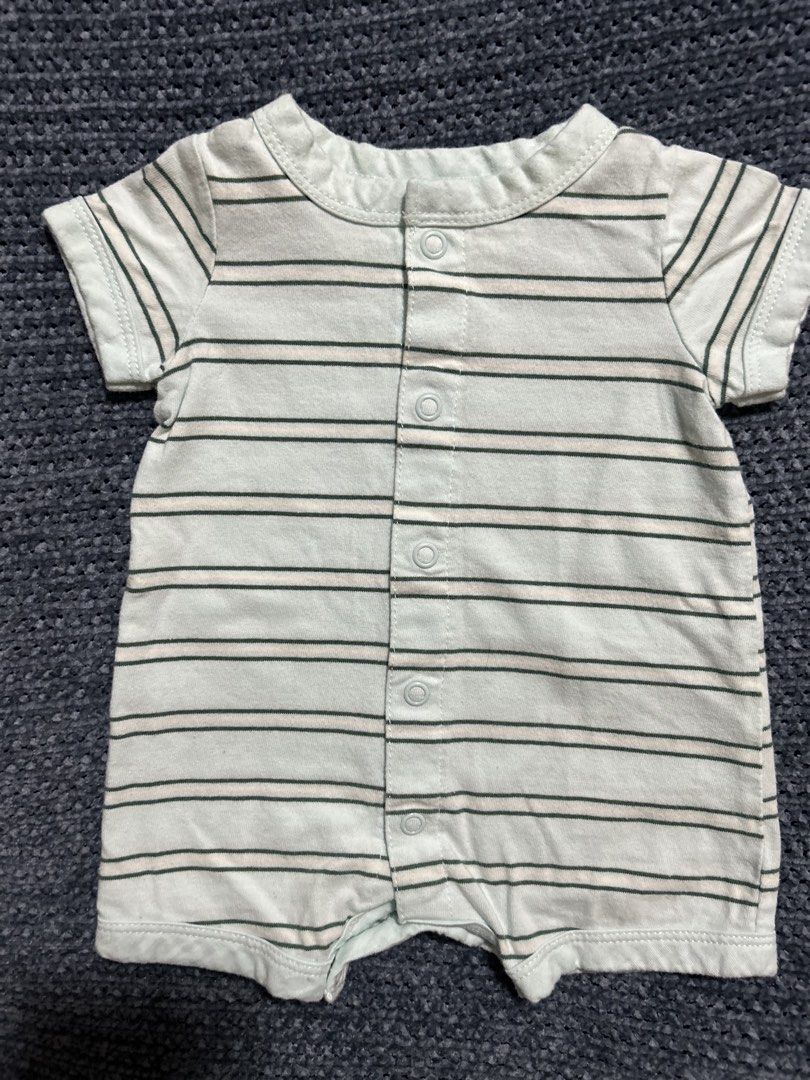 Carter's Striped Newborn Romper (Category: Babies & Kids Fashion) located in Pasig City. Submitted by mixpicks (Listing ID 1467166237, Image 1). Description: - Brand: Carter's - Size: Newborn - Design: Light blue and green stripes - Material: Soft, breathable cotton - Features: Short sleeves, front and bottom snap buttons for easy changing - Comfort: Tagless printed neckline to prevent irritation - Origin: Made in Vietnam.